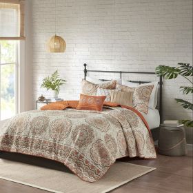 6 Piece Reversible Quilt Set with Throw Pillows Orange King/Cal King