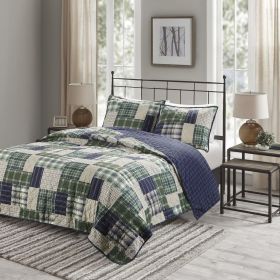 3 Piece Reversible Printed Quilt Set Green / Navy Full/Queen