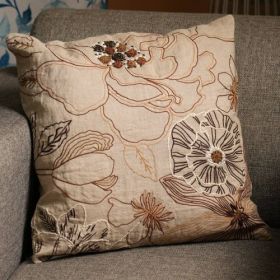 LINEN EMBROIDERY CUSHION BEIGE-18 X 18 Inch (Option: 1style)